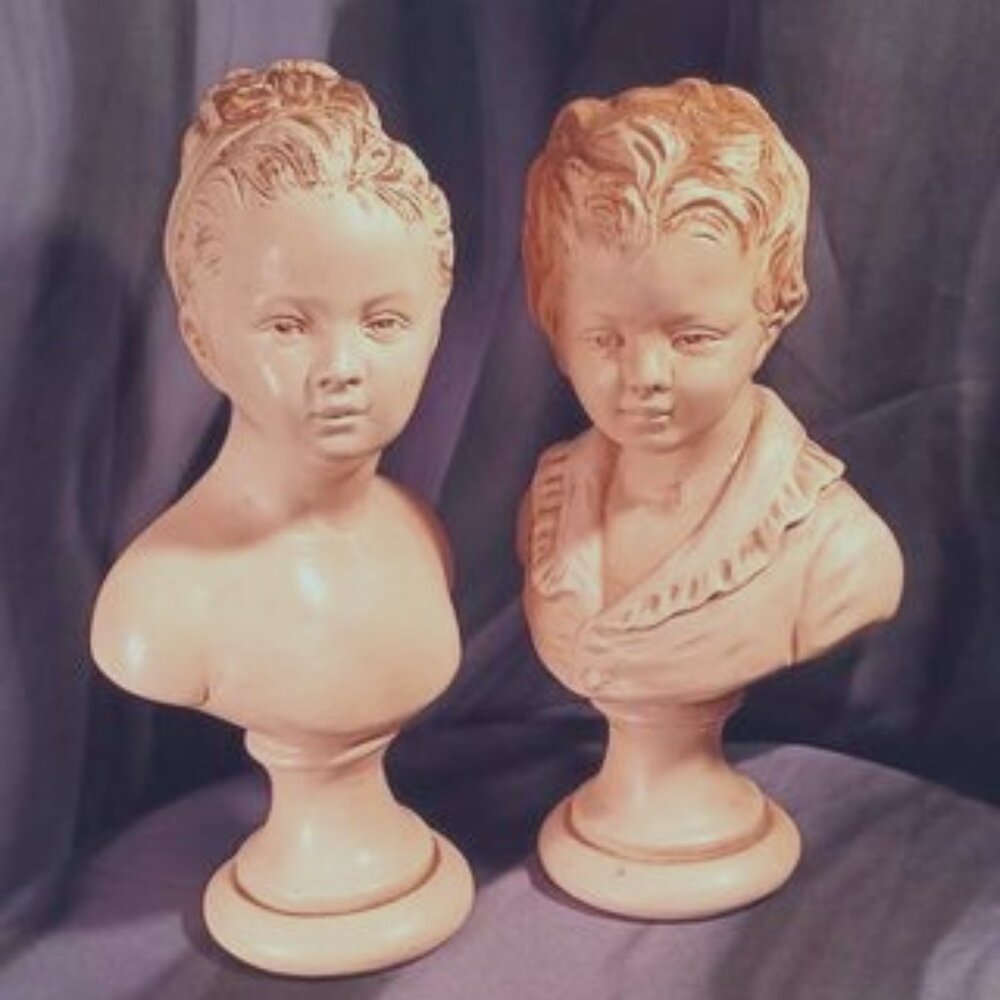 Vintage 1970s Alexander Backer 9.5" chalkware bust of boy and girl sculptures